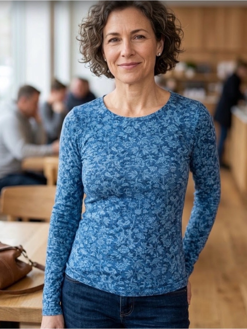 Peruvian Connection Floral Top Blue Pima Cotton Spandex Knit Long Sleeve Scoop